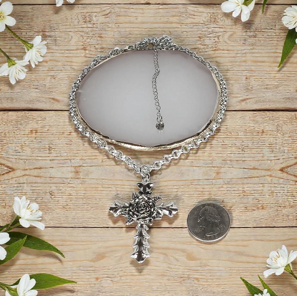 Bold Rose Silver Cross Charm Necklace  New Age Grunge 1990s Whimsygoth 14"-18" L - Picture 6 of 11